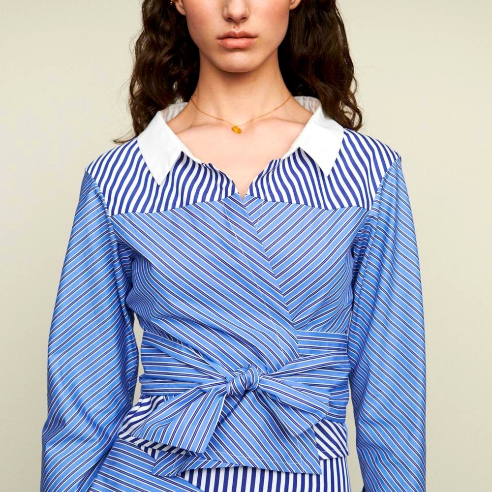 Maje Lim Mix Stripe Wrap Style Cotton Blouse In Striped